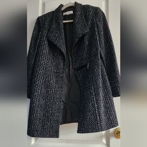 Worth Black & White Tweed Fitted Open-Front Trench Coat With Zipper Detail
